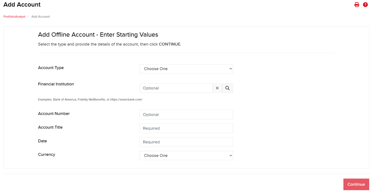 The Non IBKR Client PortfolioAnalyst Add Offline Account screen